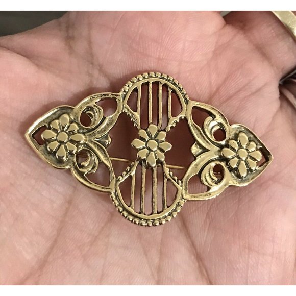 Gold Tone Geometric, Swirls, Lines, Floral Brooch Pin - Picture 7 of 7